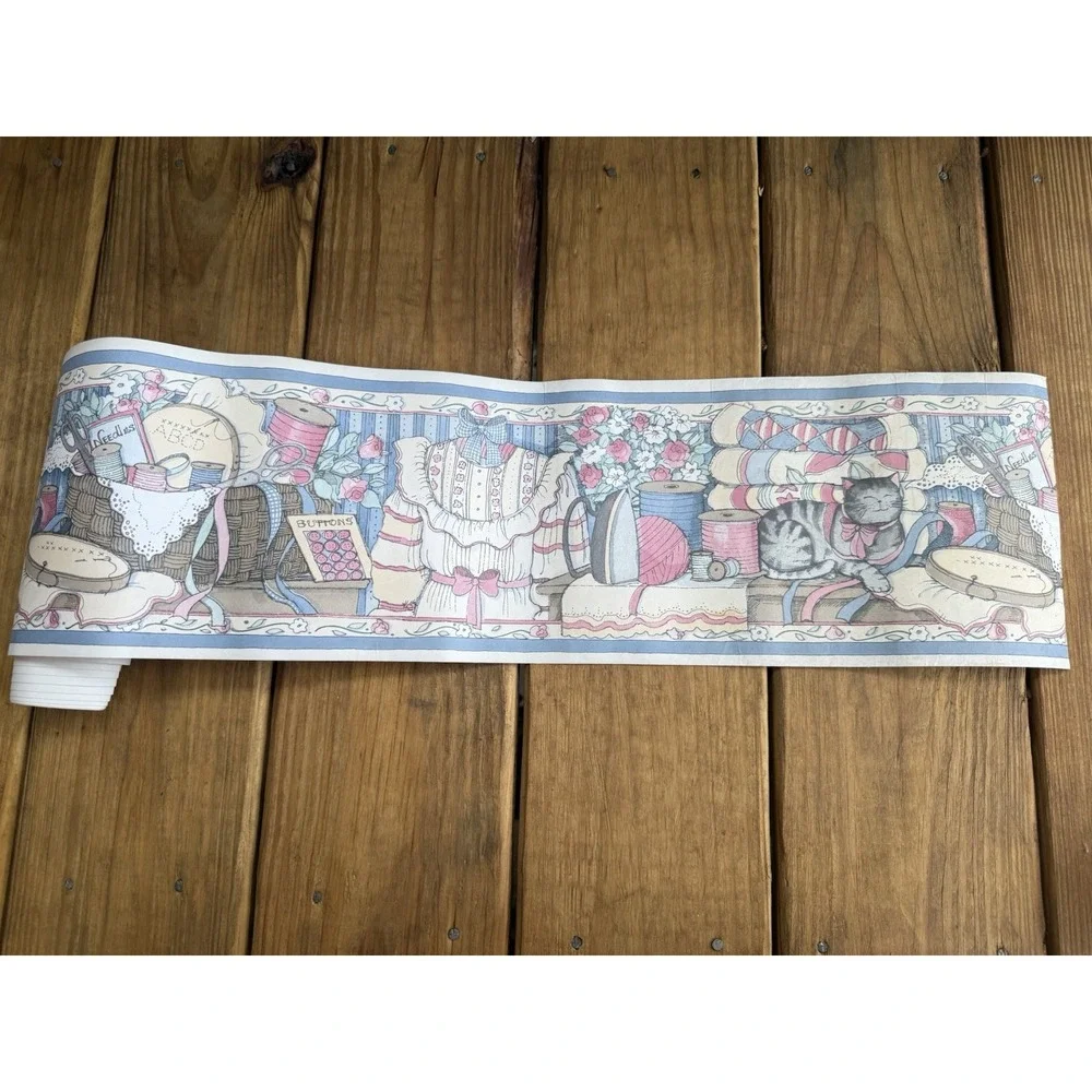 Vintage Wallpaper Wall Border Country Granny Cat Kittens Sewing 7